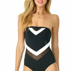 Anne Cole Color Block Mesh Chevron Spliced Bandeau Swimsuit