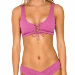 Luli Fama Orillas Del Mar Lace Up Bralette Bikini Top In Raspberry