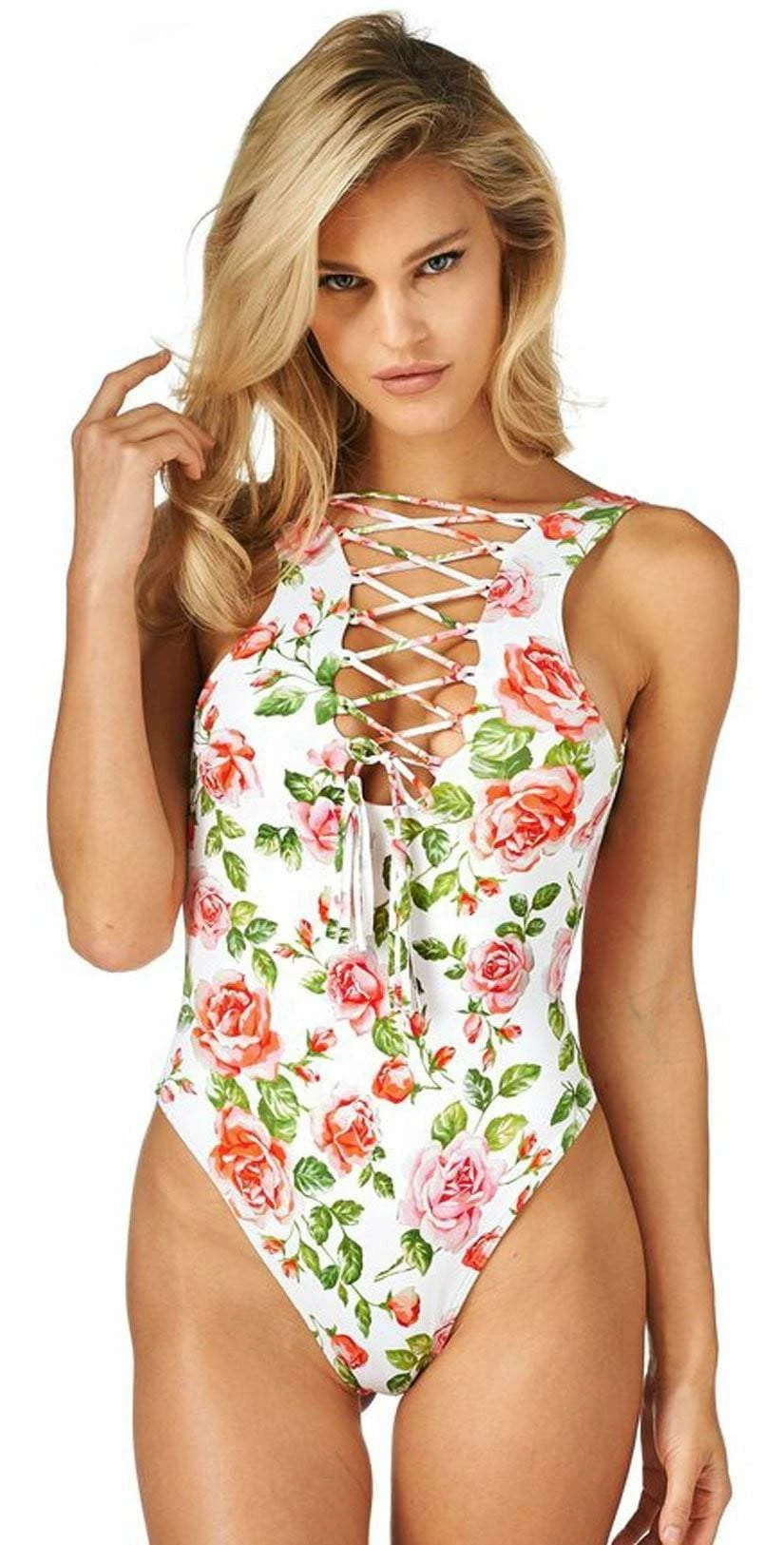 Montce DA Lace-Up One Piece In Rose Print 3 Montce DA Lace-Up One Piece In Rose Print