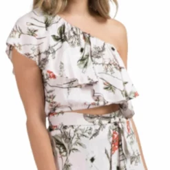 Elan Ruffled One Shoulder Crop Top In Pale Pink Botanical SCP1908-PPK-BO