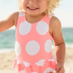 Snapperrock Little Girl's Neon Coral Spot Skirted Swimsuit G13075