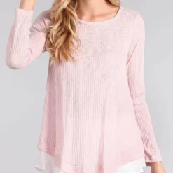 Chris And Carol Knit Sweater With Chiffon Detail In Pink 1601066T
