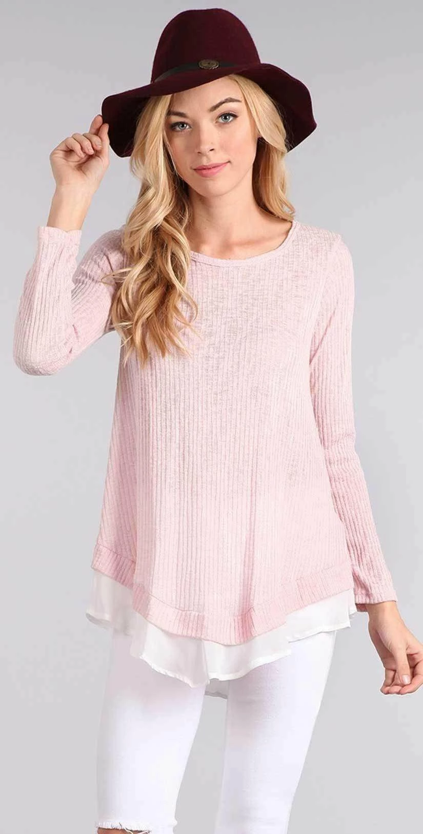 Chris And Carol Knit Sweater With Chiffon Detail In Pink 1601066T 3 Chris And Carol Knit Sweater With Chiffon Detail In Pink 1601066T