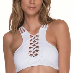 Malai Awe Fishbone High Neck Top In White T00333-WHT